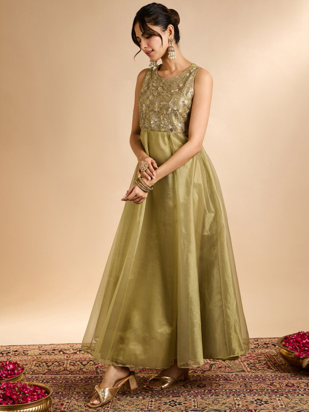 Janasya Women's Olive Green Shimmer Net Floral Zari Yoke Embroidered A-Line Gown