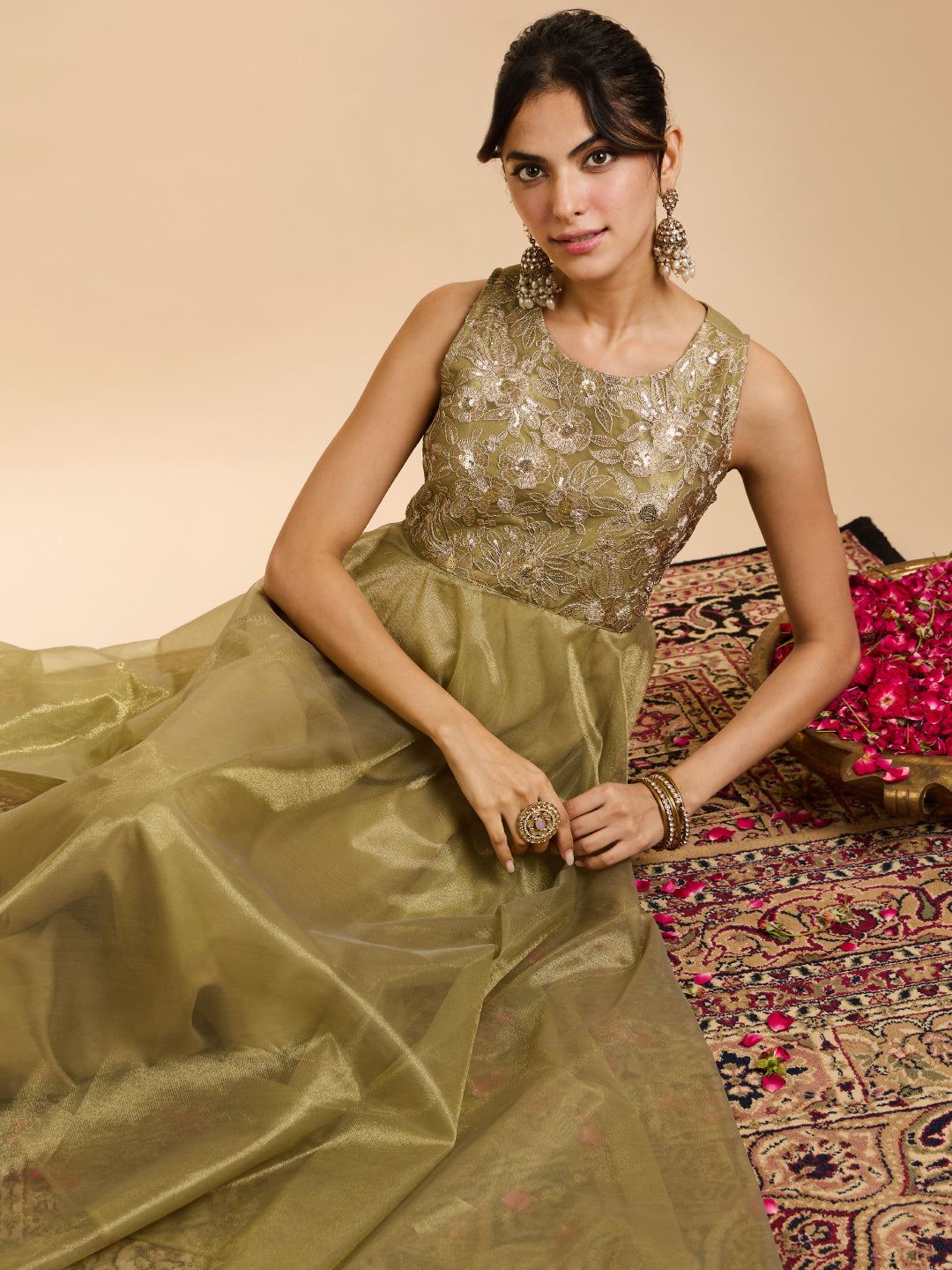 Janasya Women's Olive Green Shimmer Net Floral Zari Yoke Embroidered A-Line Gown