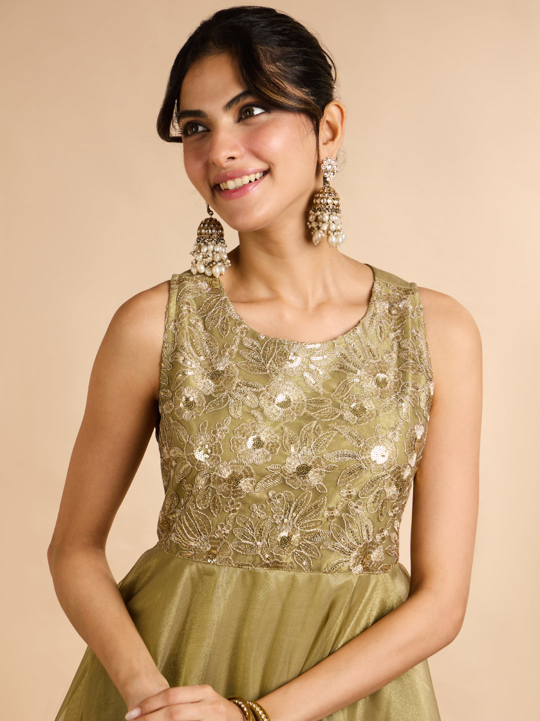 Janasya Women's Olive Green Shimmer Net Floral Zari Yoke Embroidered A-Line Gown