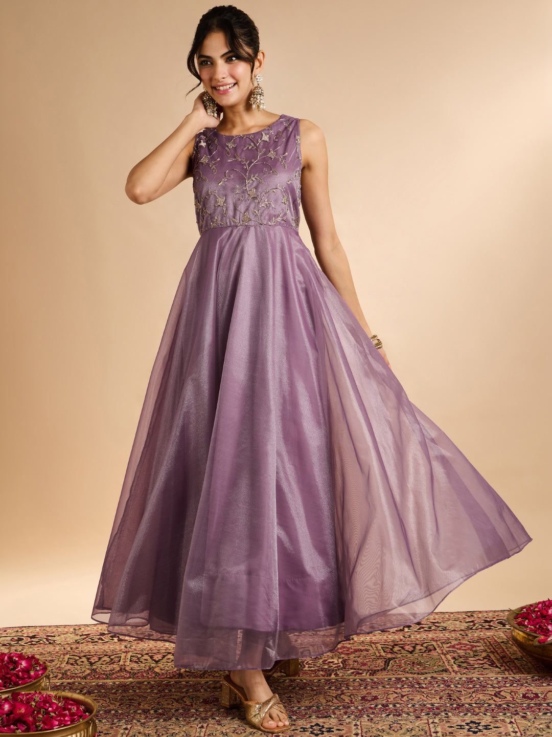 Janasya Women's Lavender Simmer Net Floral Zari Yoke Embroidered A-Line Gown