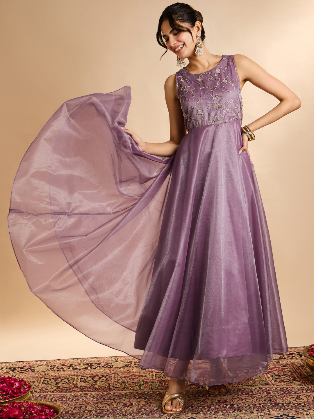 Janasya Women's Lavender Simmer Net Floral Zari Yoke Embroidered A-Line Gown