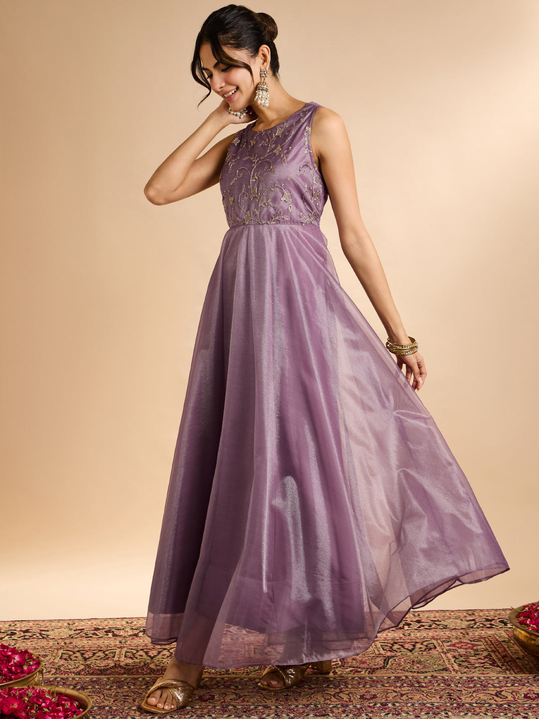 Janasya Women's Lavender Simmer Net Floral Zari Yoke Embroidered A-Line Gown