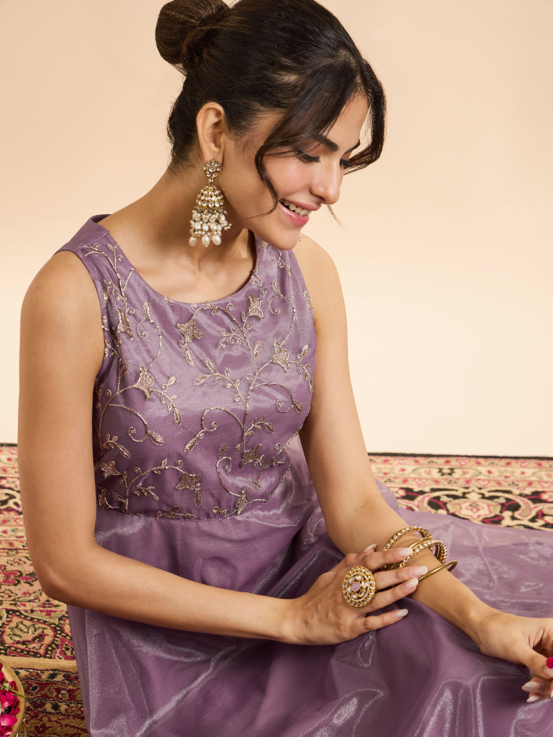 Janasya Women's Lavender Simmer Net Floral Zari Yoke Embroidered A-Line Gown