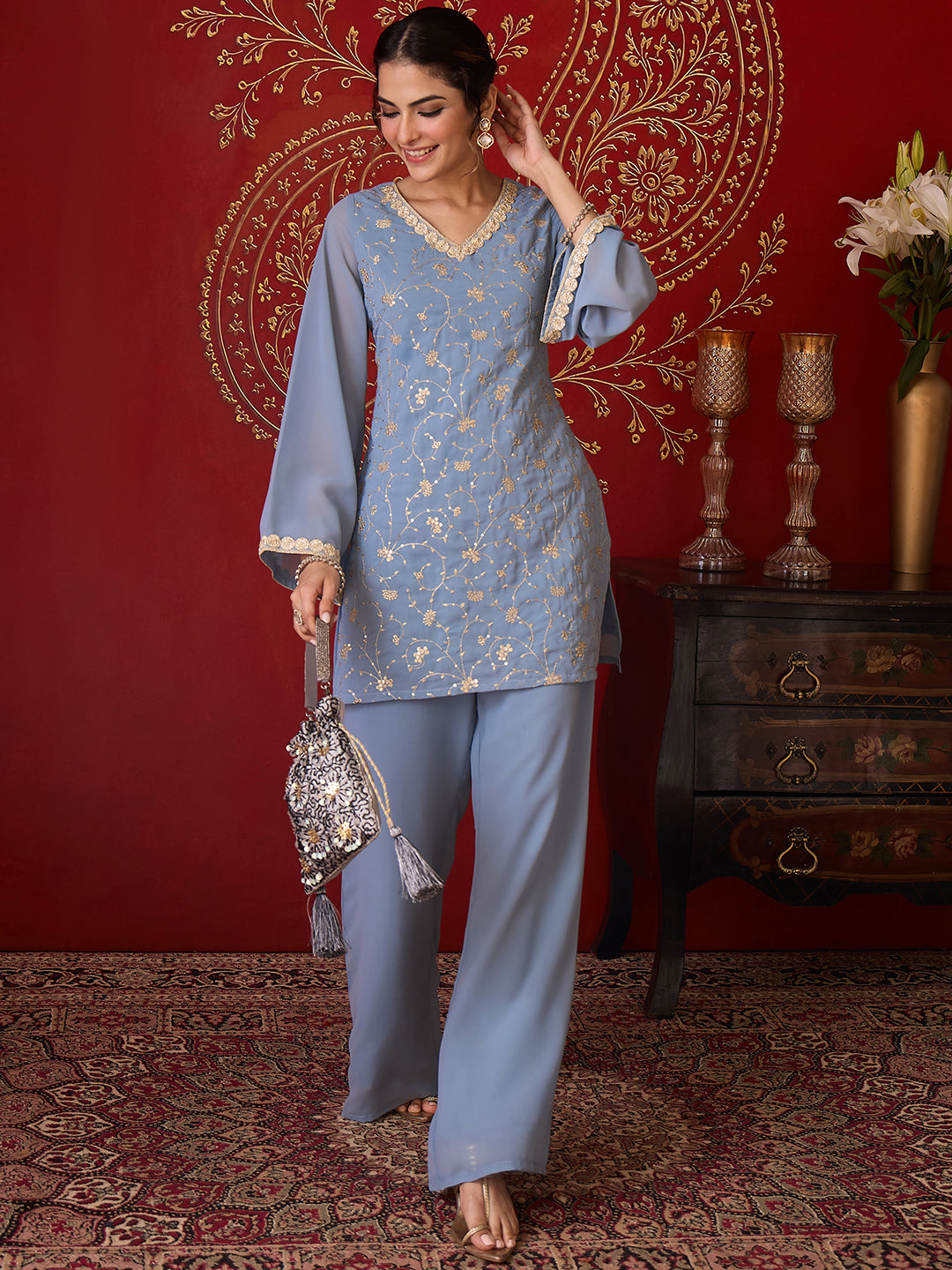 Janasya Women's Ice Blue Georgette Floral Embroidered Straight Kurta with Pant Set