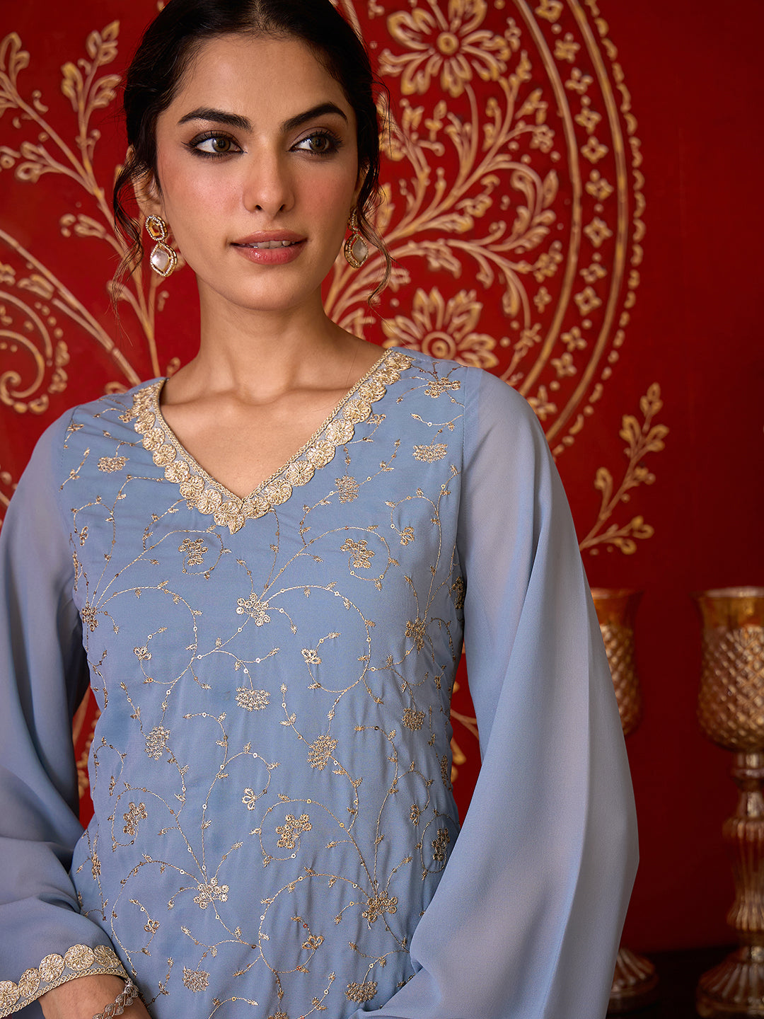 Janasya Women's Ice Blue Georgette Floral Embroidered Straight Kurta with Pant Set