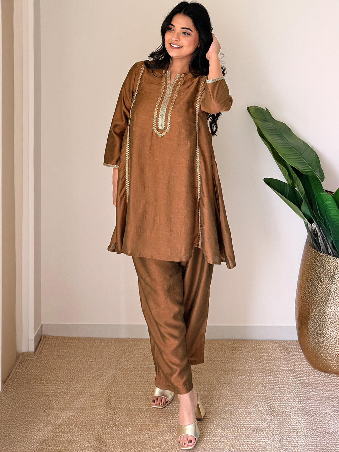 Janasya Women's Bronze Silk Blend Embellished A-Line Kurta with Pant Set
