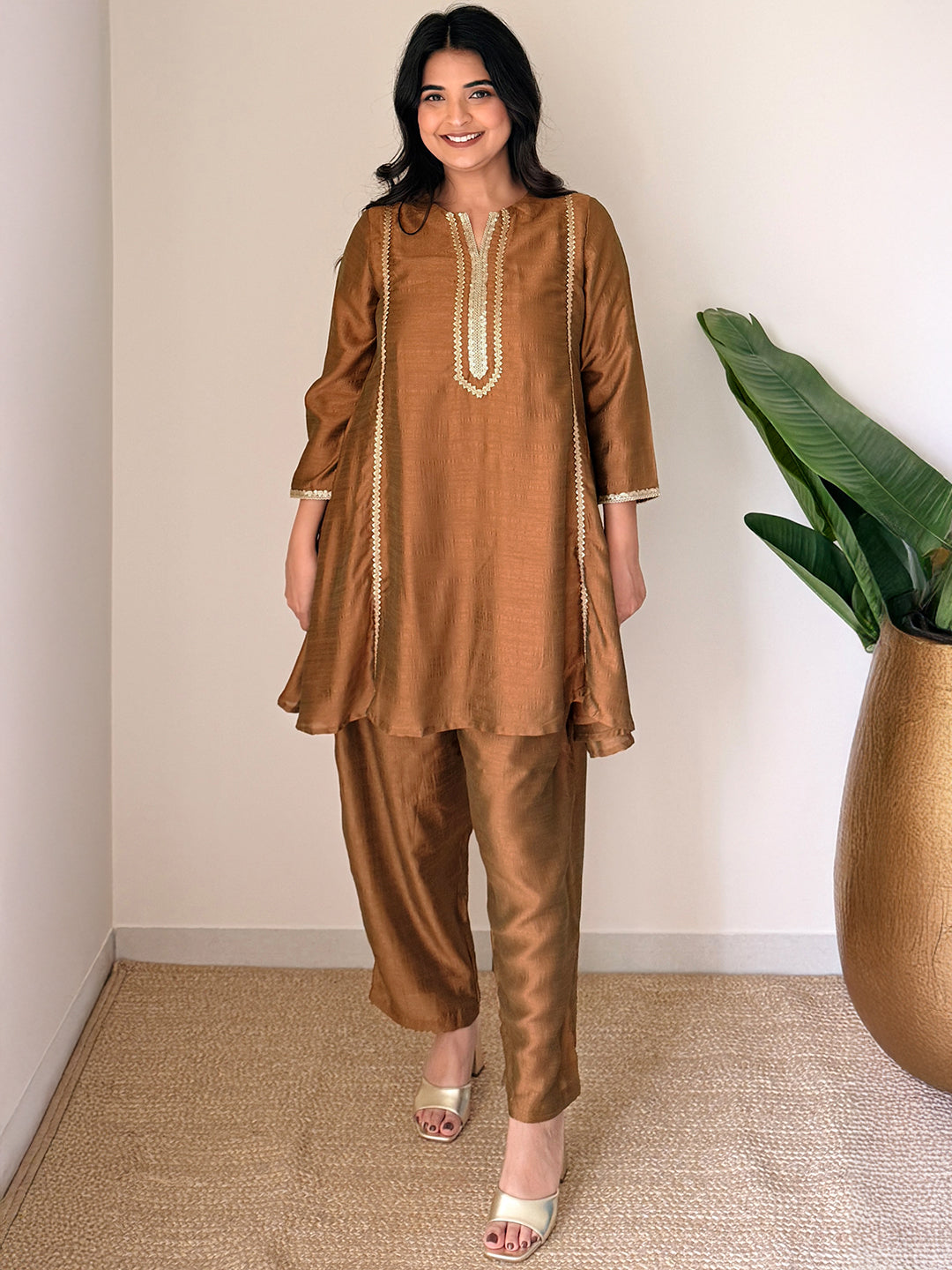 Janasya Women's Bronze Silk Blend Embellished A-Line Kurta with Pant Set