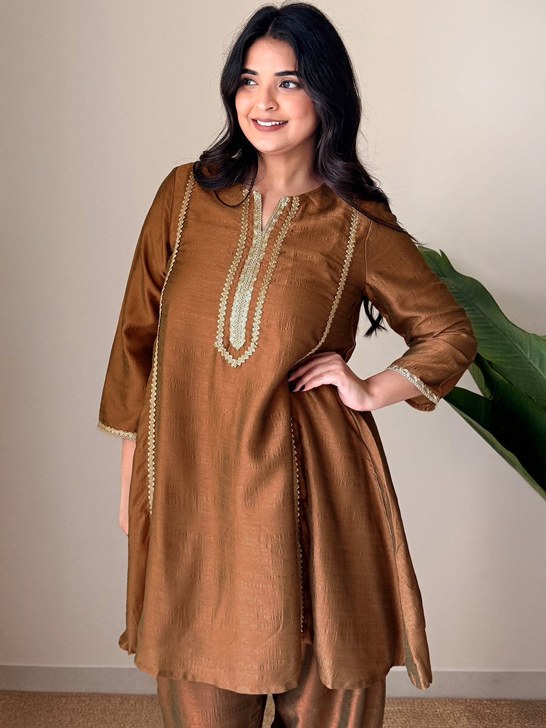Janasya Women's Bronze Silk Blend Embellished A-Line Kurta with Pant Set