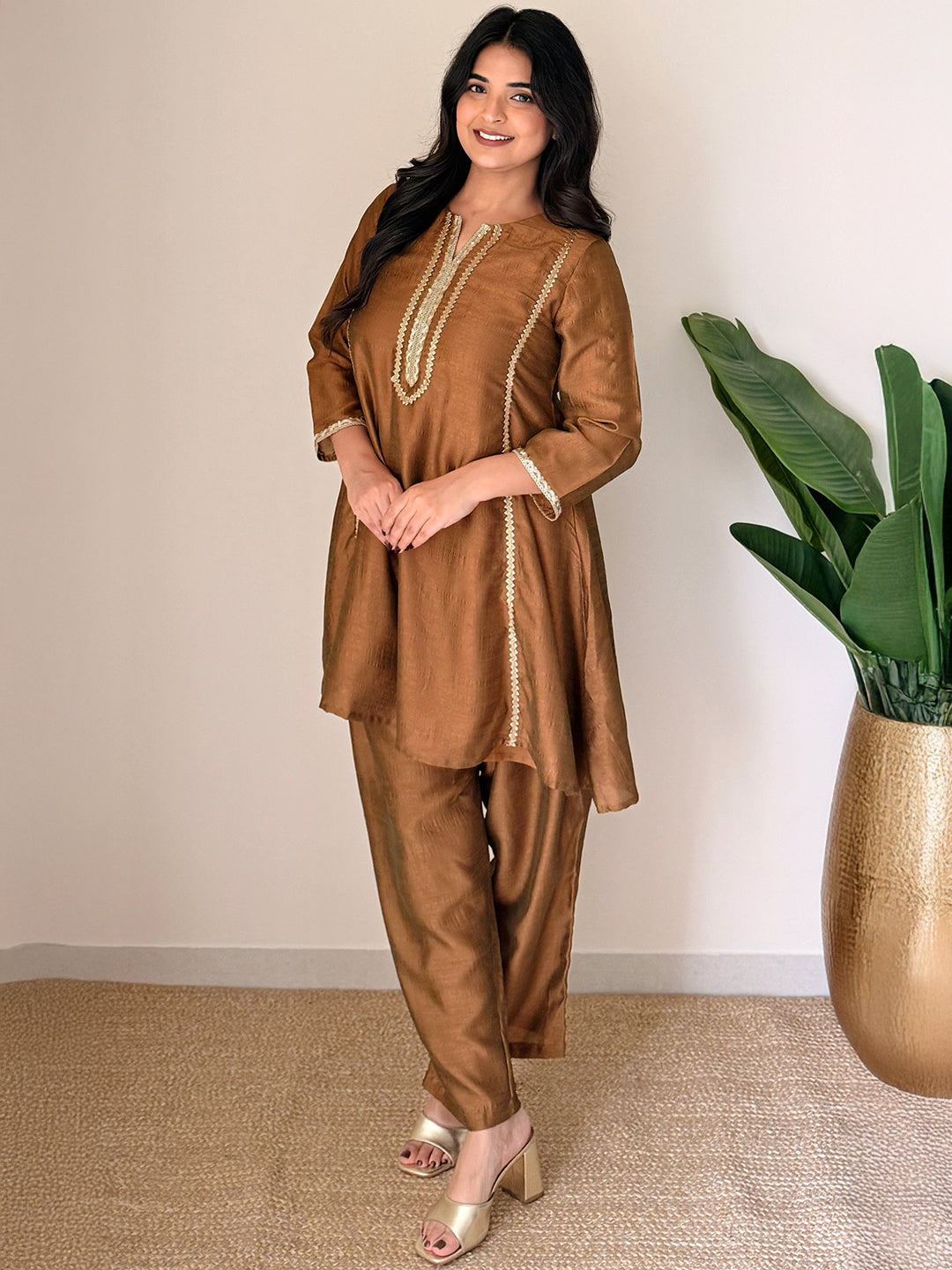 Janasya Women's Bronze Silk Blend Embellished A-Line Kurta with Pant Set