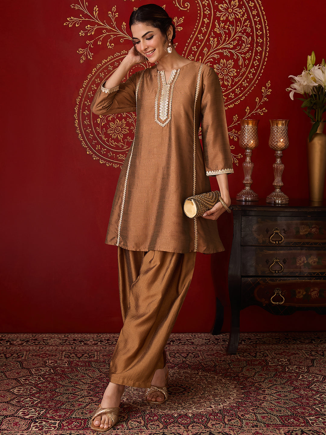 Janasya Women's Bronze Silk Blend Embellished A-Line Kurta with Pant Set