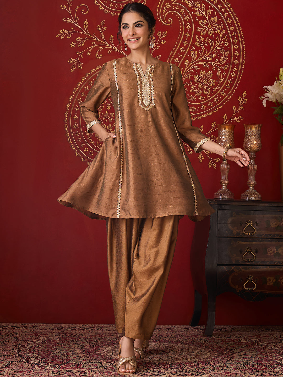 Janasya Women's Bronze Silk Blend Embellished A-Line Kurta with Pant Set
