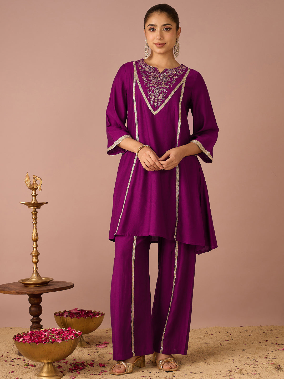 Janasya Women's Purple Silk Blend Floral Sequins and Zari Yoke Embroidered A-Line Co-Ord Set