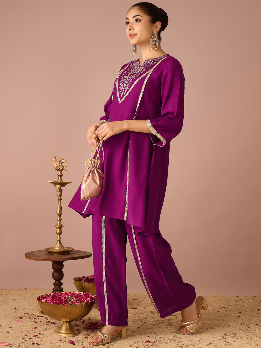 Janasya Women's Purple Silk Blend Floral Sequins and Zari Yoke Embroidered A-Line Co-Ord Set