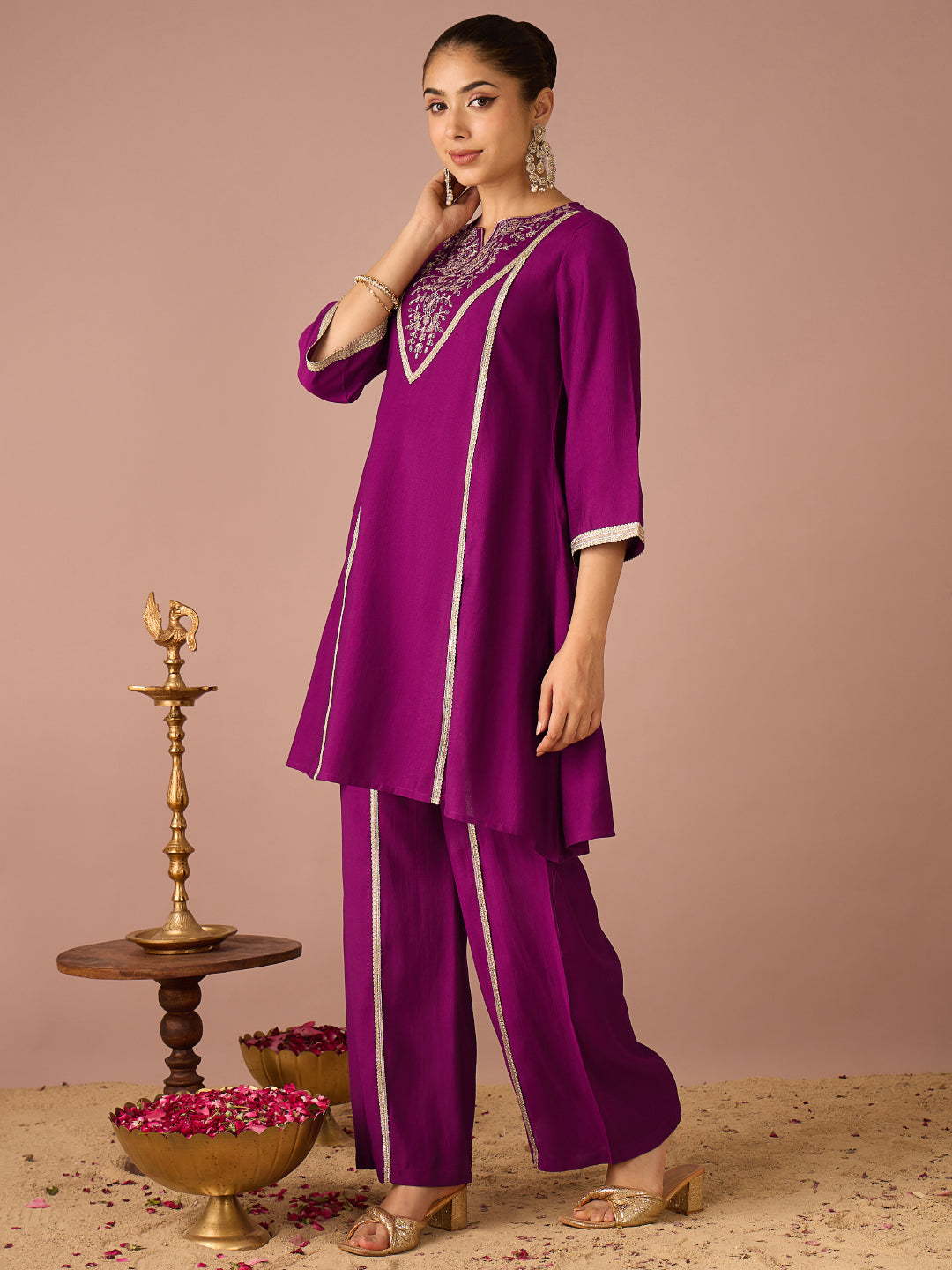 Janasya Women's Purple Silk Blend Floral Sequins and Zari Yoke Embroidered A-Line Co-Ord Set