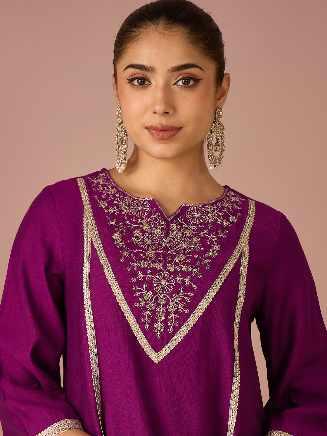 Janasya Women's Purple Silk Blend Floral Sequins and Zari Yoke Embroidered A-Line Co-Ord Set