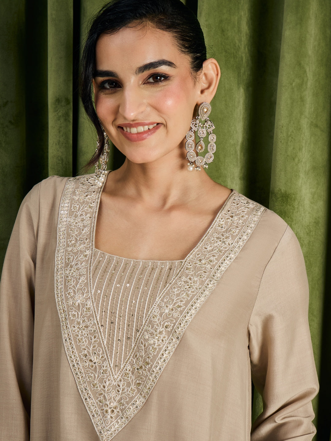 Janasya Women's Beige Muslin Yoke Embroidered A-Line Kurta Pant Set