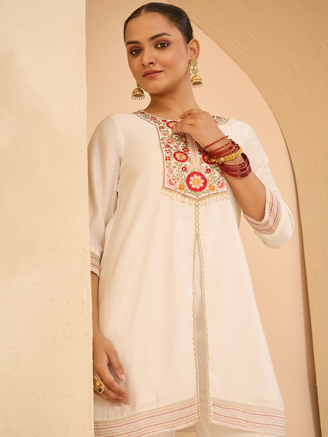 Janasya Women's White Chanderi Silk Yoke Embroidered A-Line Front Slit Co-Ord Set
