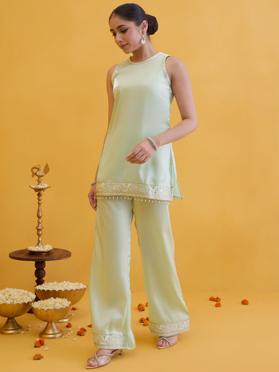 Janasya Women's Mint Green Silk Blend Floral Embroidered Straight Co-Ord Set