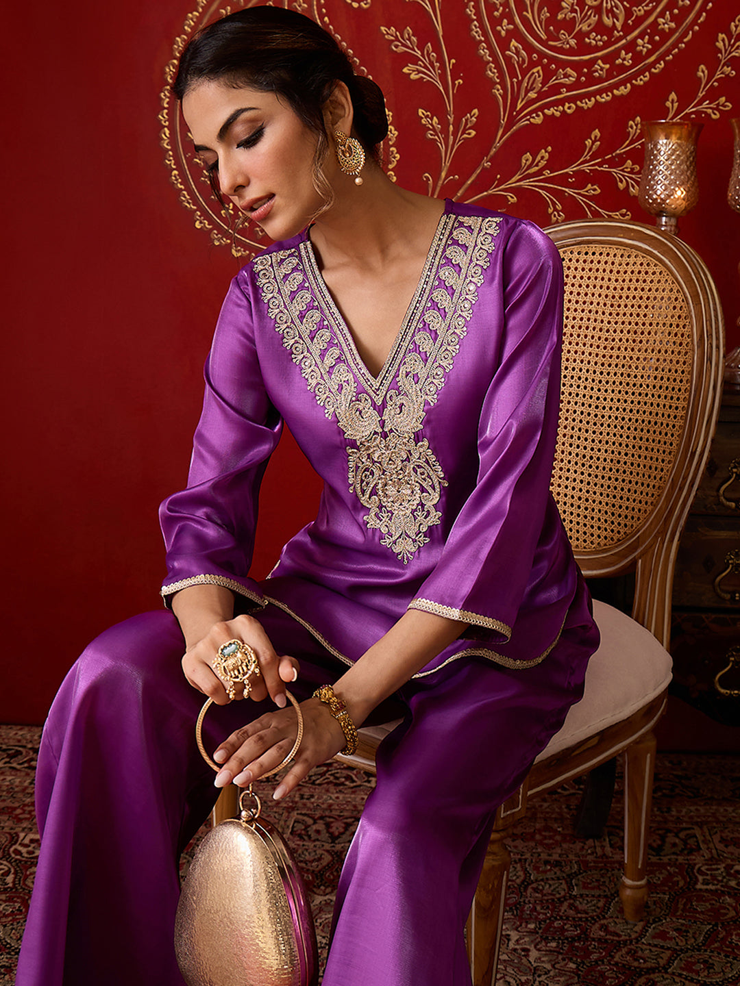 Janasya Women's Purple Silk Blend Yoke Embroidered Straight Co-Ord Set
