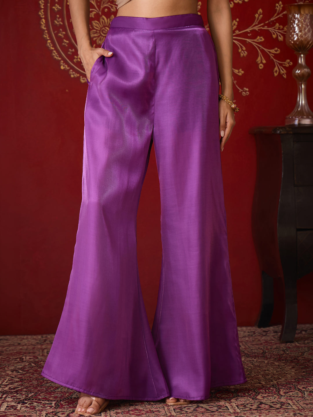 Janasya Women's Purple Silk Blend Yoke Embroidered Straight Co-Ord Set
