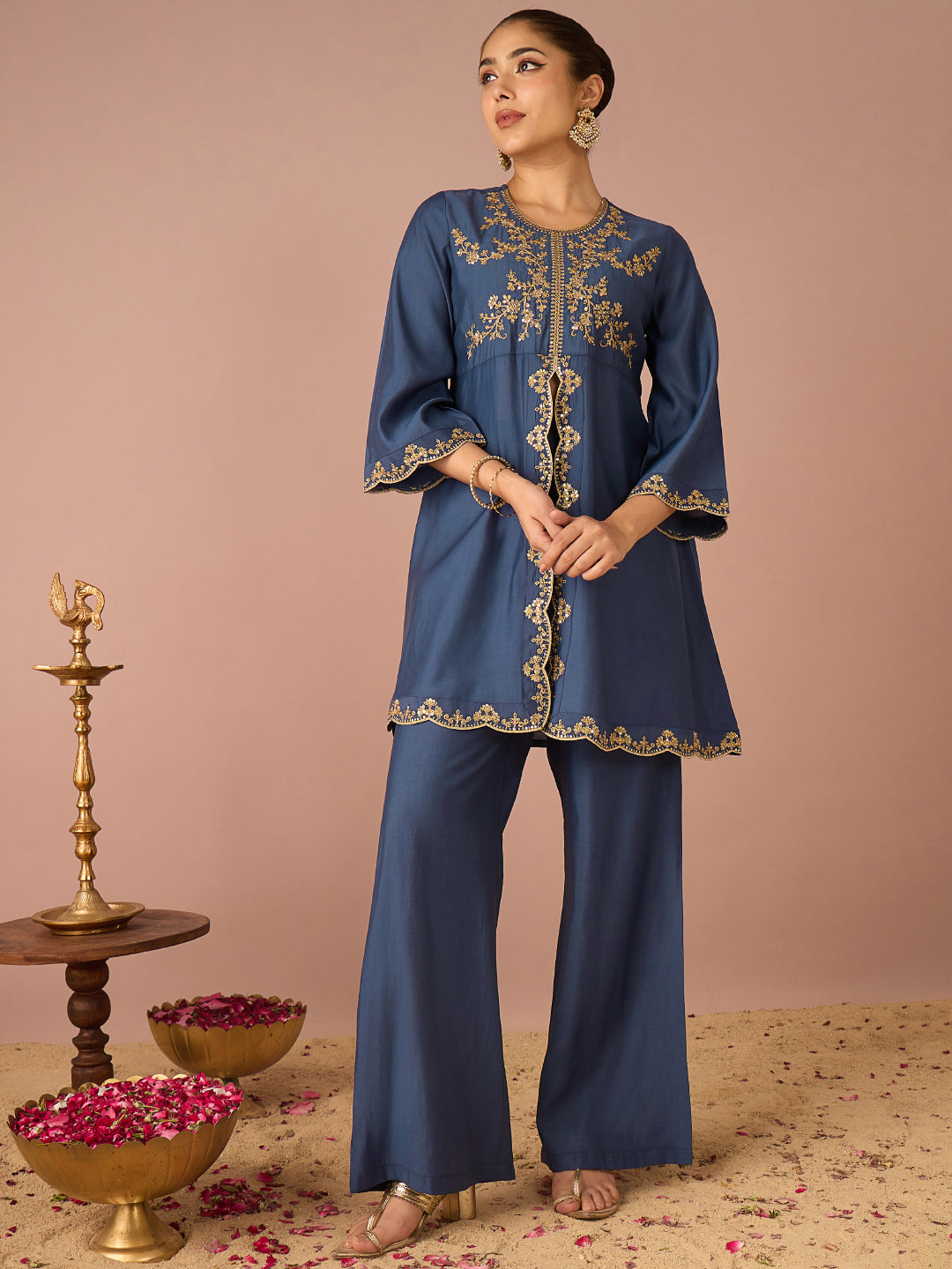 Janasya Women's Navy Blue Chanderi Silk Floral Sequins And Zari Embroidered A-Line Front High Slit Co-Ord Set
