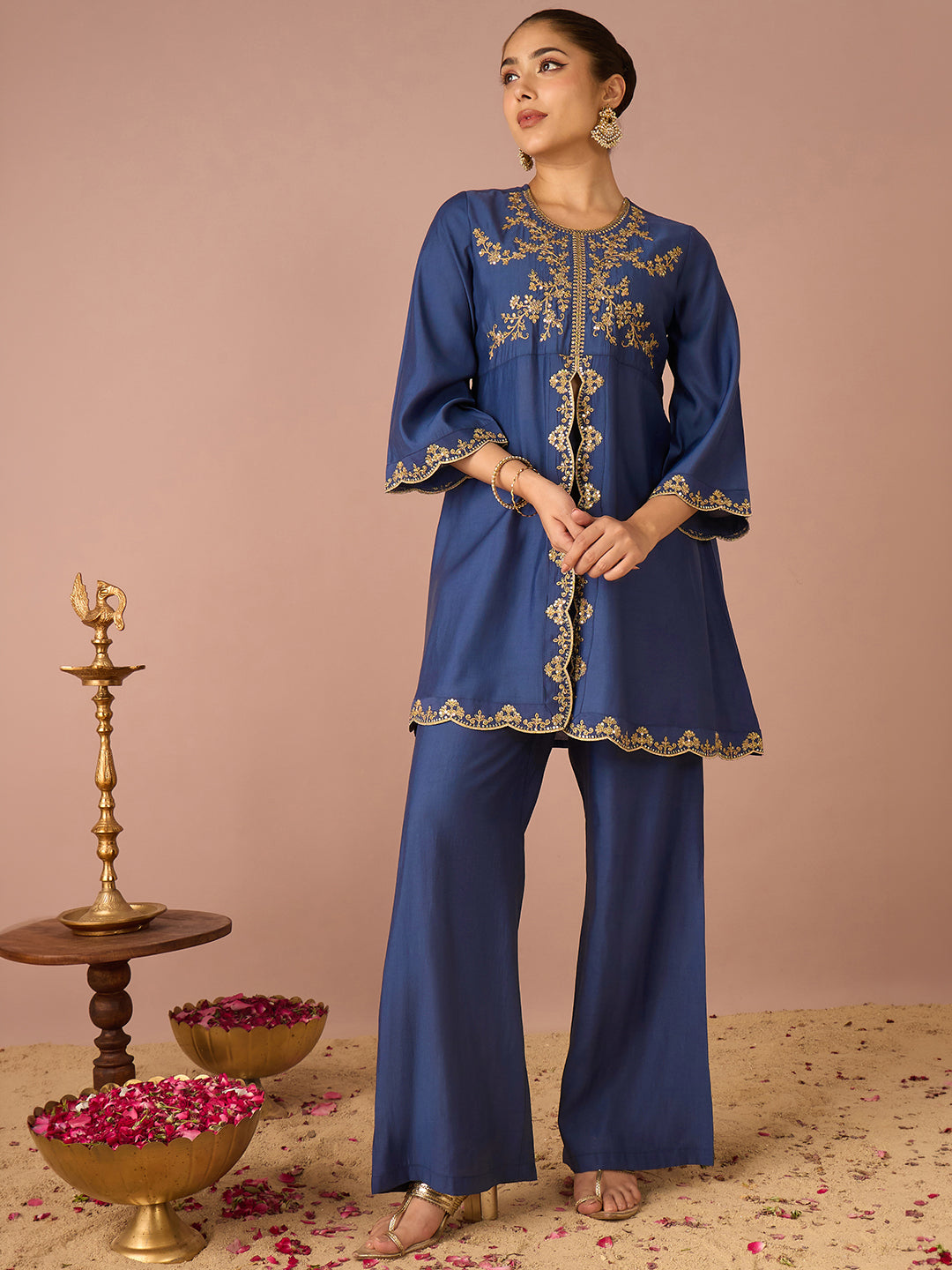 Janasya Women's Navy Blue Chanderi Silk Floral Sequins And Zari Embroidered A-Line Front High Slit Co-Ord Set