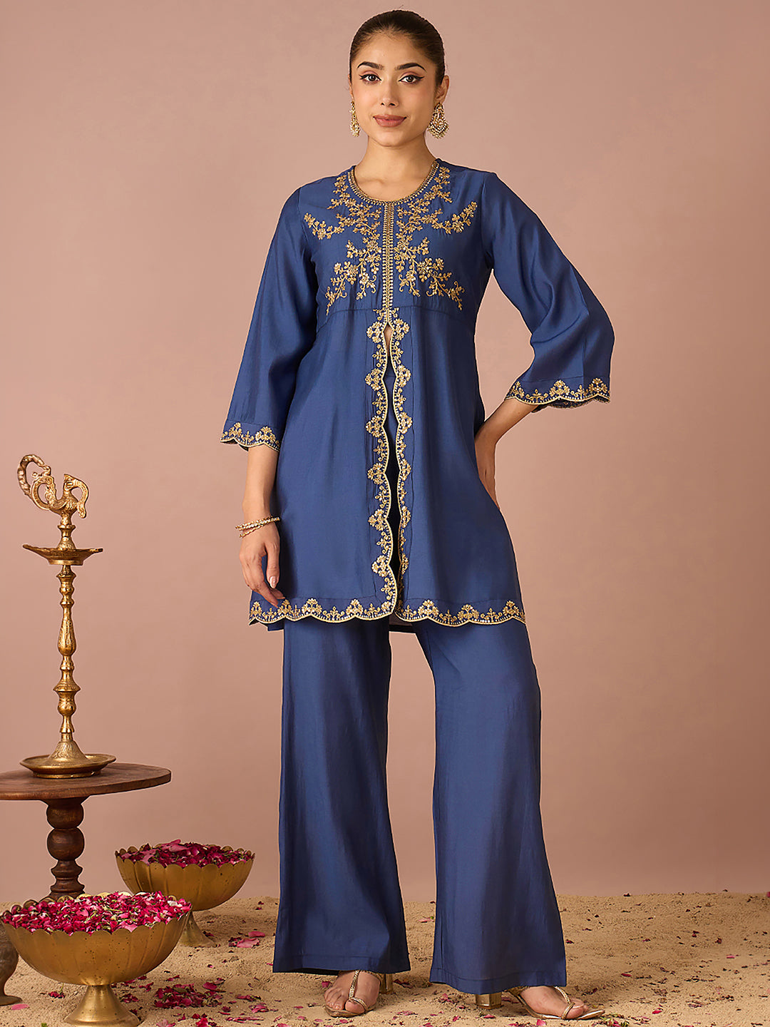Janasya Women's Navy Blue Chanderi Silk Floral Sequins And Zari Embroidered A-Line Front High Slit Co-Ord Set