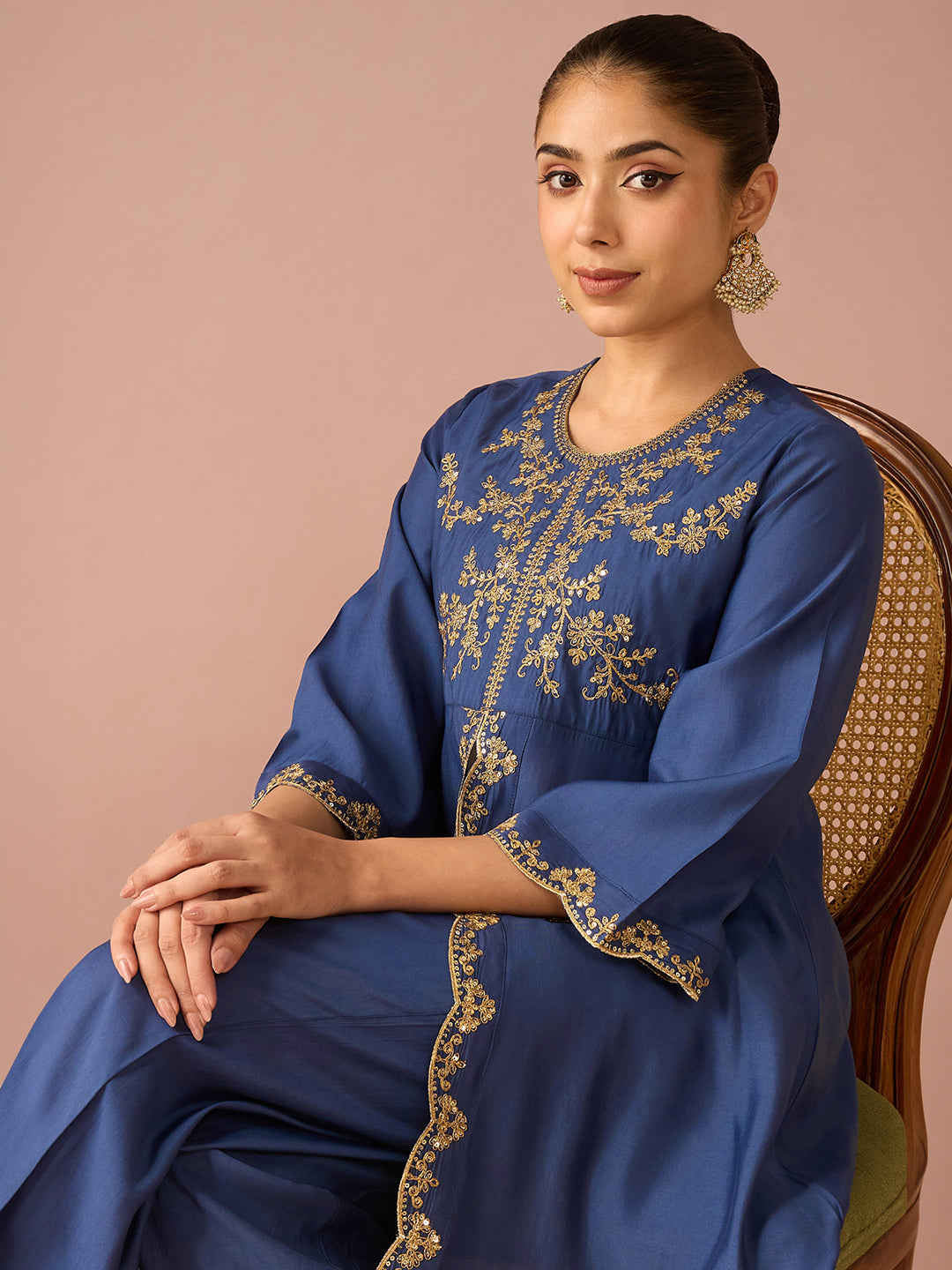 Janasya Women's Navy Blue Chanderi Silk Floral Sequins And Zari Embroidered A-Line Front High Slit Co-Ord Set