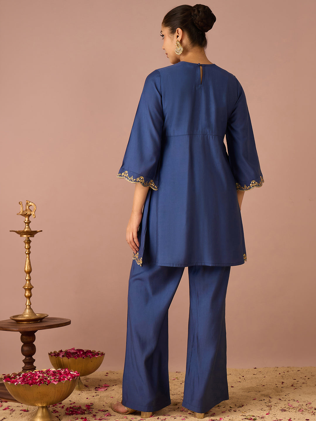 Janasya Women's Navy Blue Chanderi Silk Floral Sequins And Zari Embroidered A-Line Front High Slit Co-Ord Set