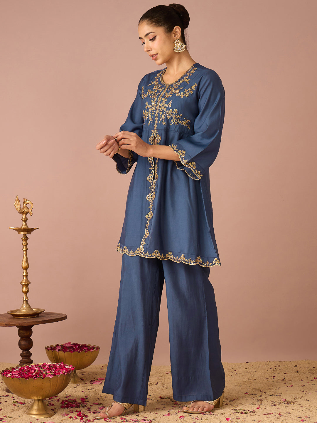 Janasya Women's Navy Blue Chanderi Silk Floral Sequins And Zari Embroidered A-Line Front High Slit Co-Ord Set