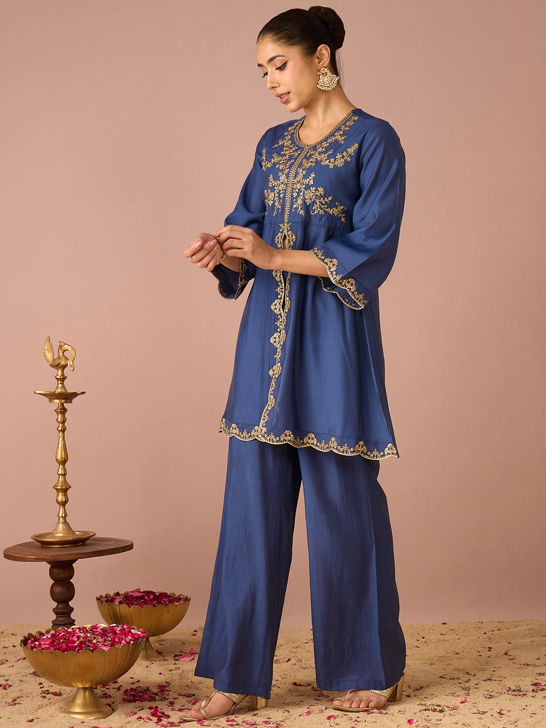 Janasya Women's Navy Blue Chanderi Silk Floral Sequins And Zari Embroidered A-Line Front High Slit Co-Ord Set