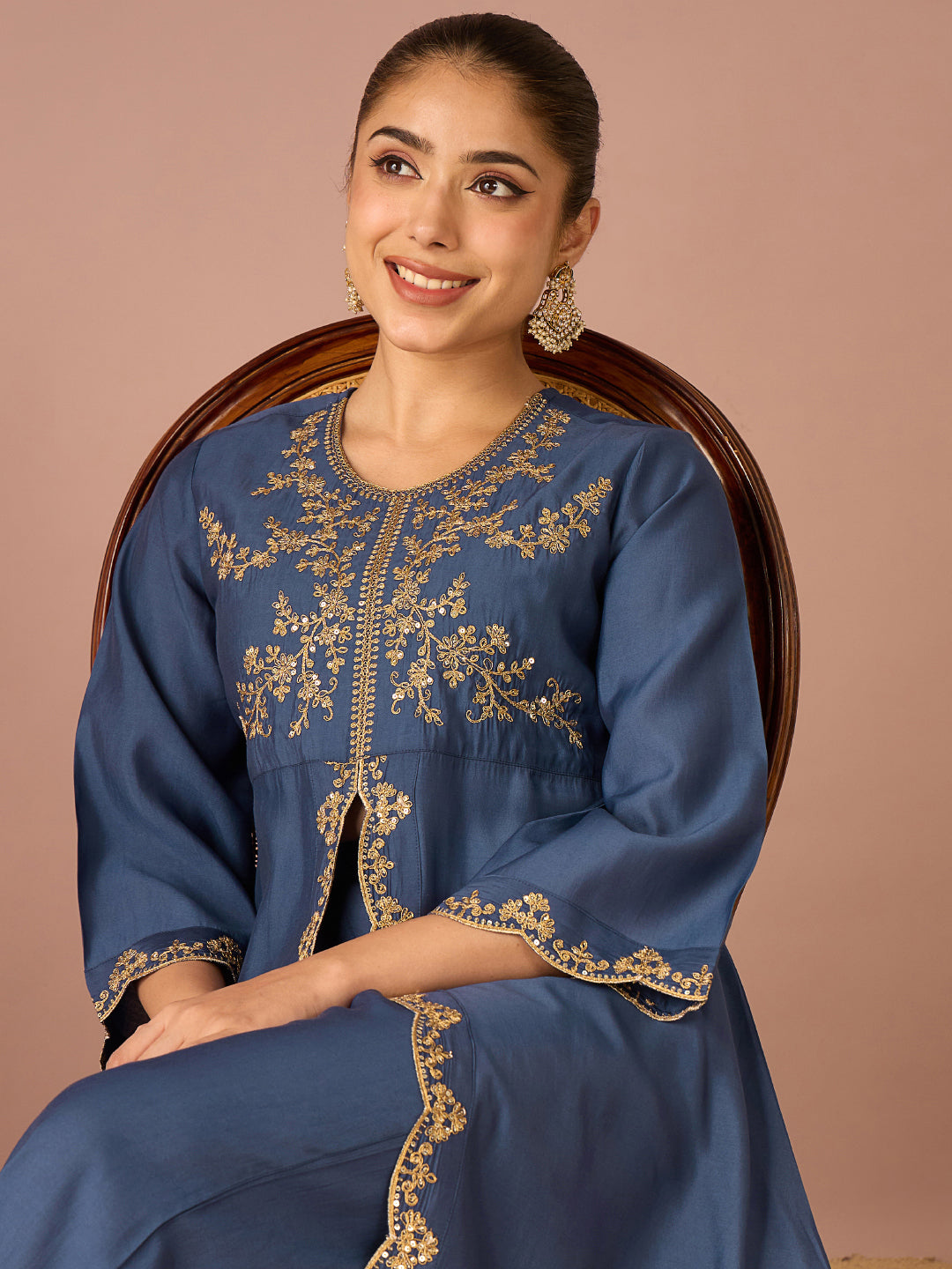Janasya Women's Navy Blue Chanderi Silk Floral Sequins And Zari Embroidered A-Line Front High Slit Co-Ord Set