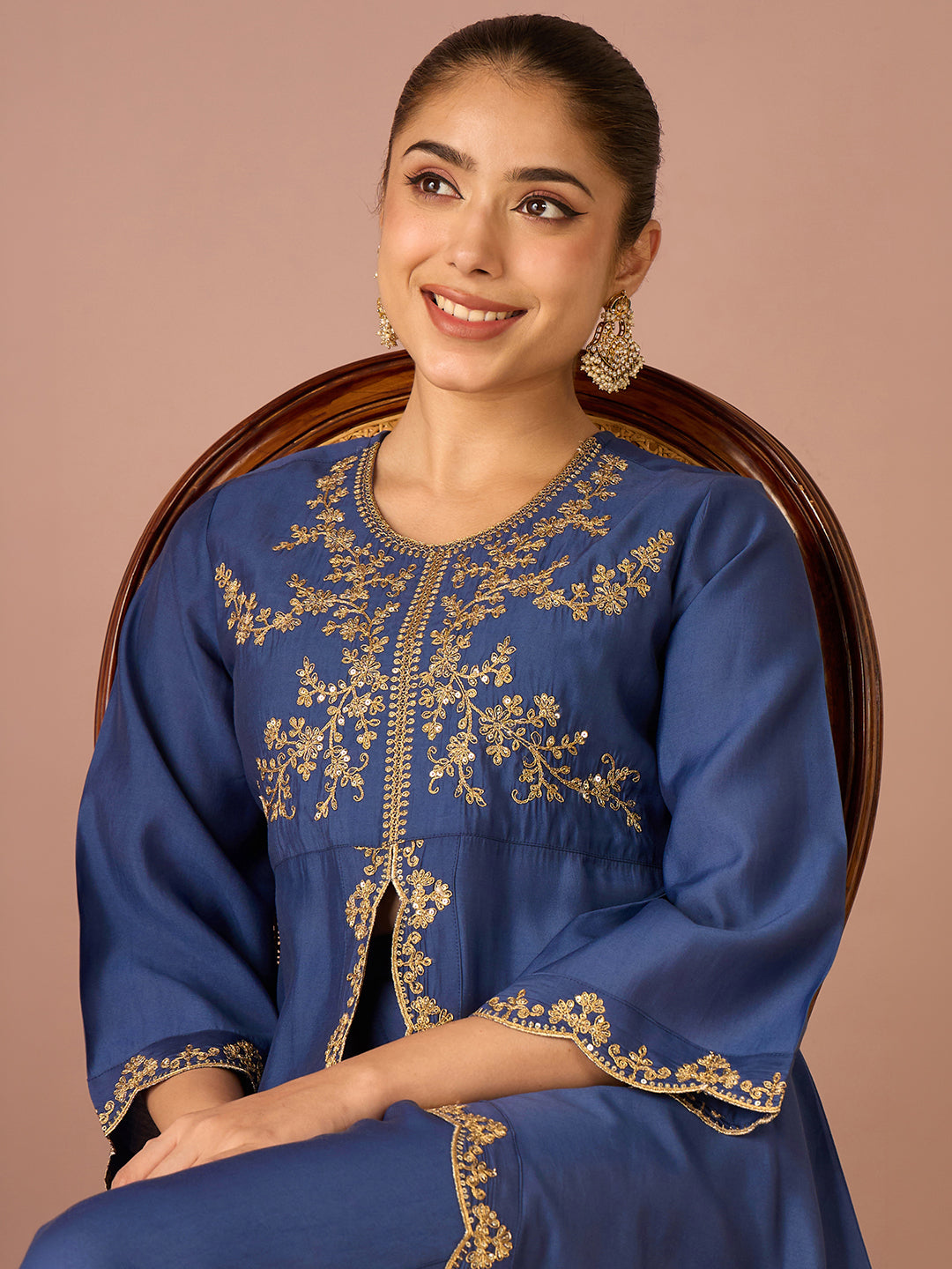Janasya Women's Navy Blue Chanderi Silk Floral Sequins And Zari Embroidered A-Line Front High Slit Co-Ord Set