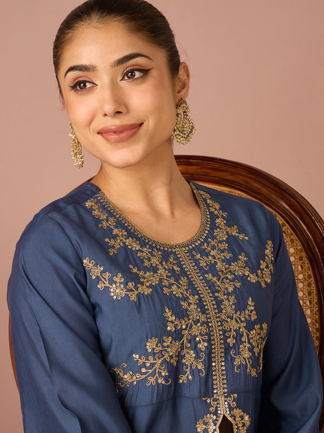 Janasya Women's Navy Blue Chanderi Silk Floral Sequins And Zari Embroidered A-Line Front High Slit Co-Ord Set