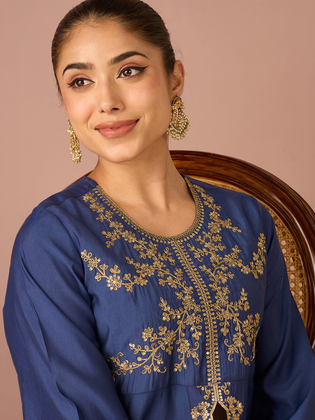 Janasya Women's Navy Blue Chanderi Silk Floral Sequins And Zari Embroidered A-Line Front High Slit Co-Ord Set