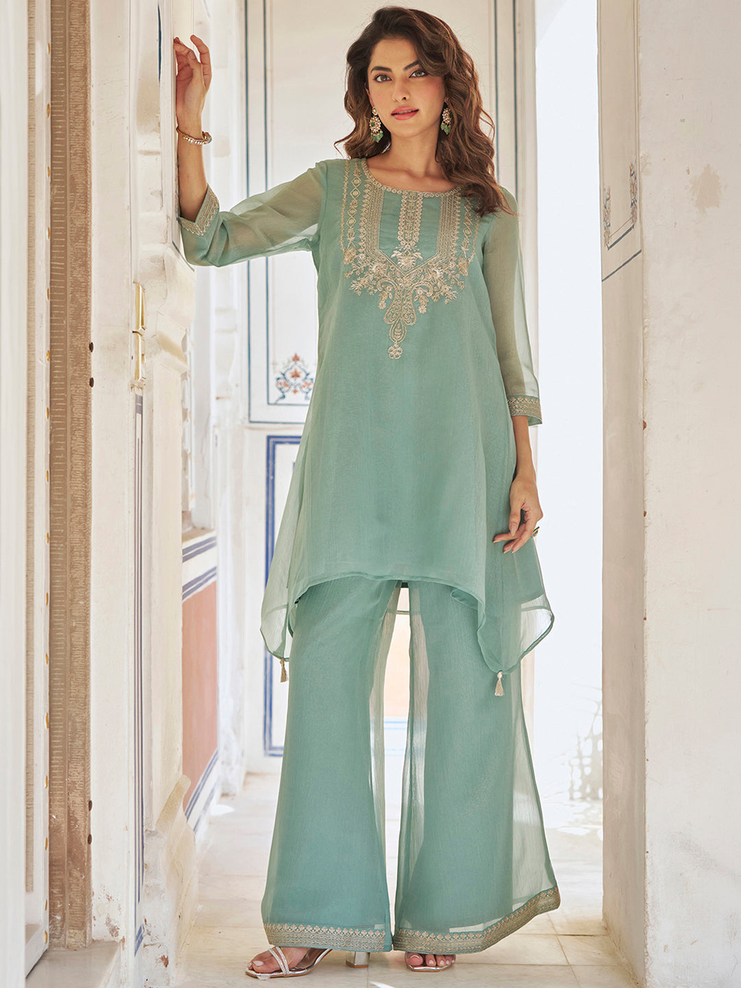 Janasya Women's Sea Green Silk Blend Zari Yoke Embroidered A-Line Co-Ord Set