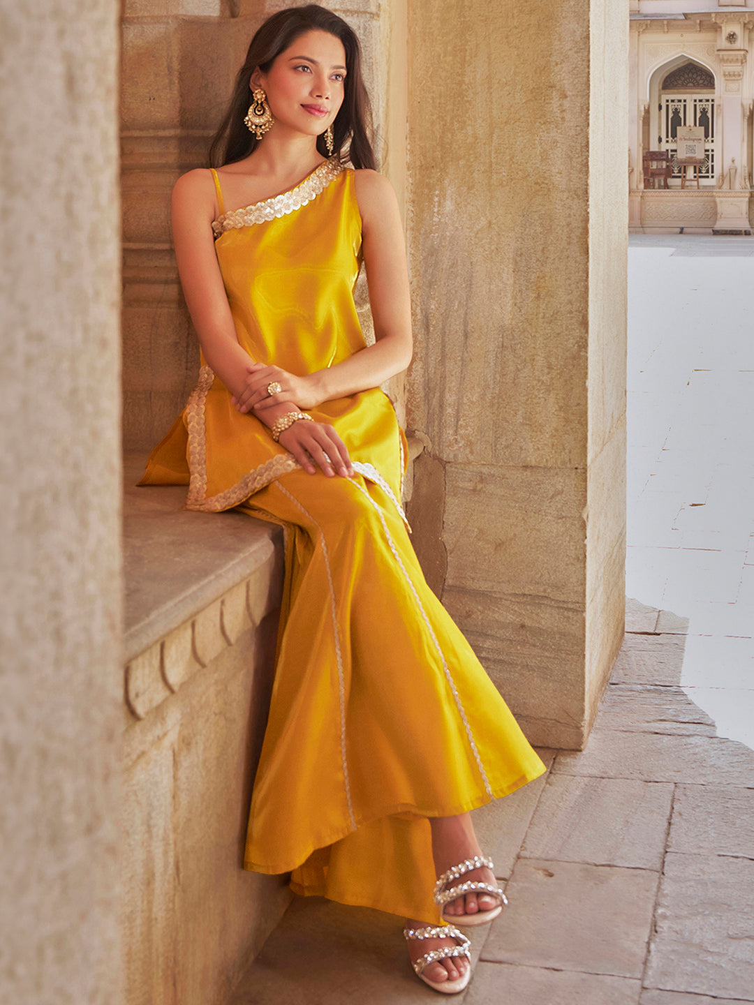 Janasya Women's Yellow Silk Blend Sequins Embellished One-Shoulder Kurta with Flared Pants