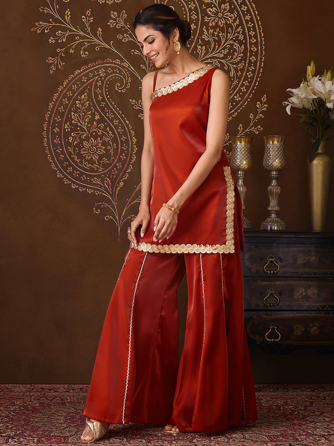 Janasya Women's Rust Silk Blend Sequins Embellished One-Shoulder Kurta with Flared Pants