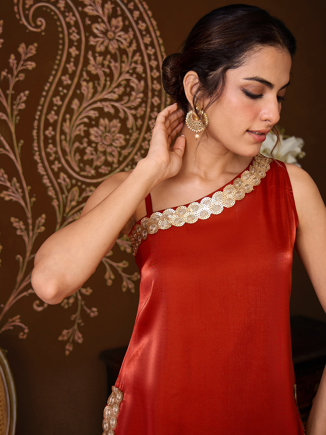 Janasya Women's Rust Silk Blend Sequins Embellished One-Shoulder Kurta with Flared Pants
