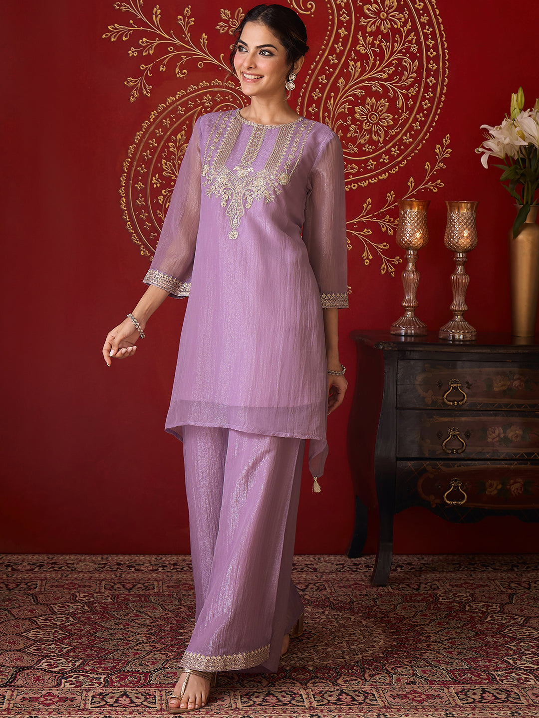 Janasya Women's Lavender Silk Blend Zari Yoke Embroidered A-Line Co-Ord Set