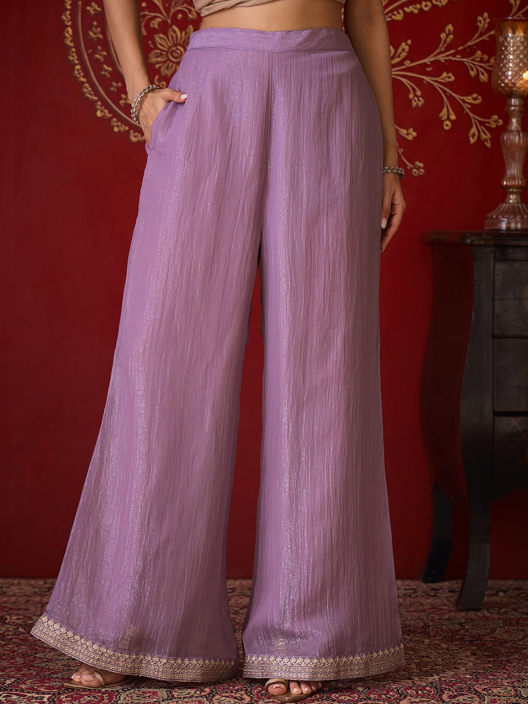 Janasya Women's Lavender Silk Blend Zari Yoke Embroidered A-Line Co-Ord Set