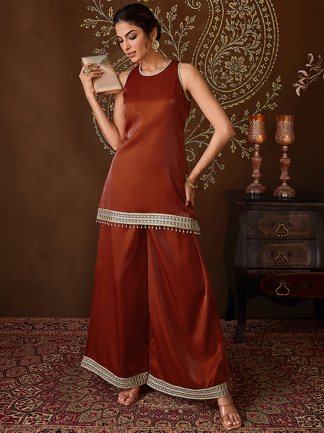 Janasya Women's Rust Silk Blend Zari Embroidered Straight Kurta Co-Ord Set