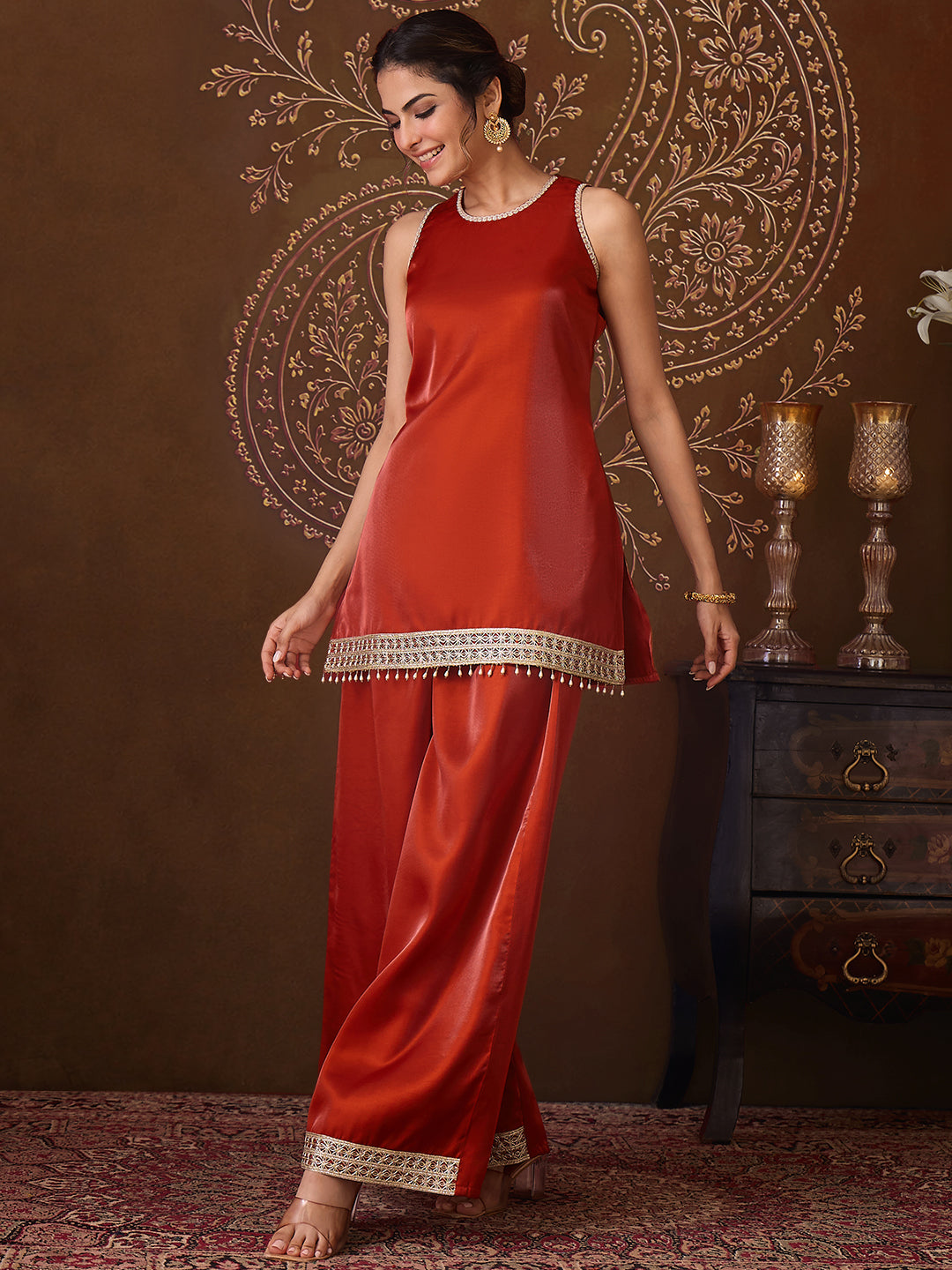 Janasya Women's Rust Silk Blend Zari Embroidered Straight Kurta Co-Ord Set
