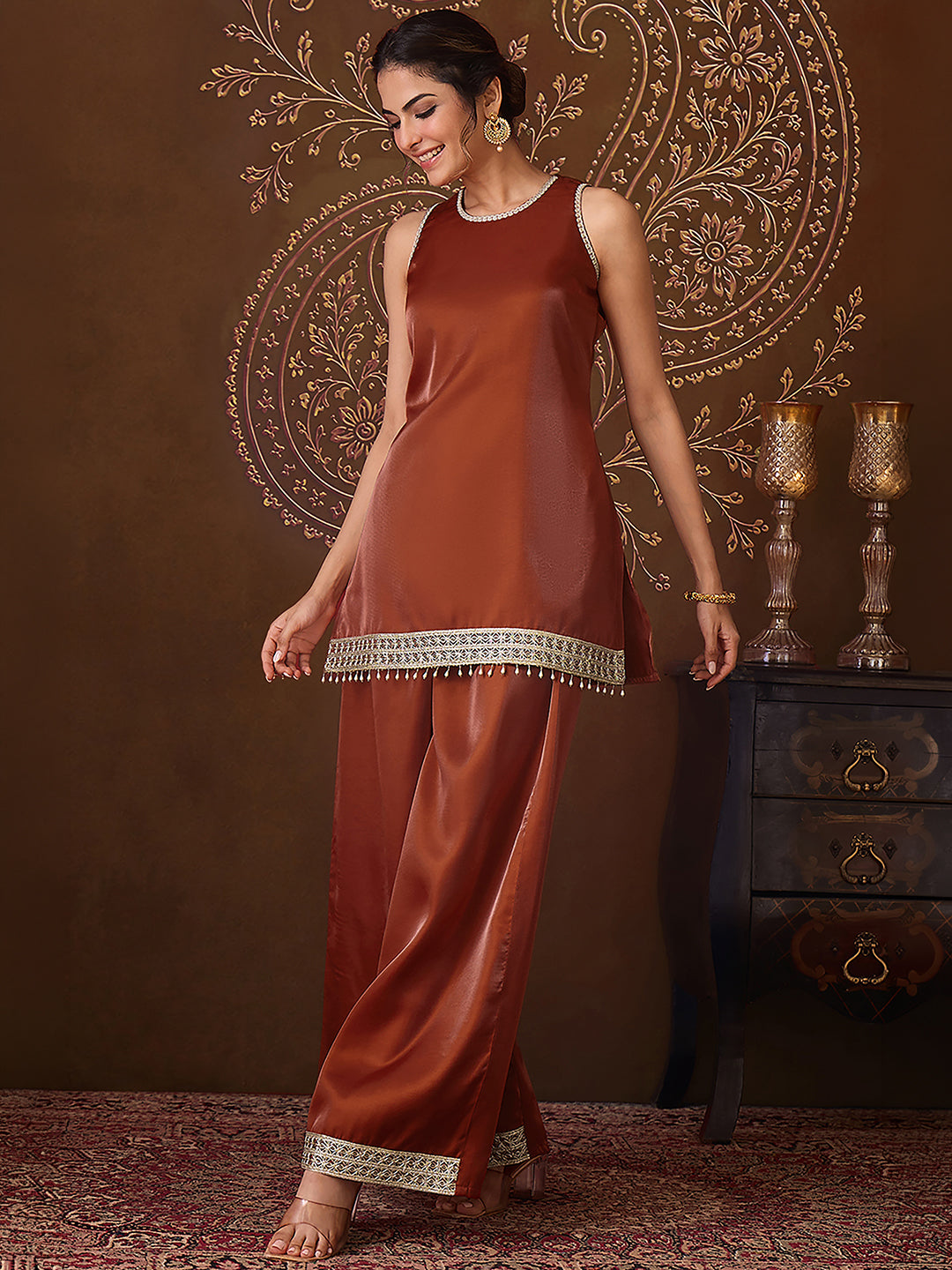 Janasya Women's Rust Silk Blend Zari Embroidered Straight Kurta Co-Ord Set