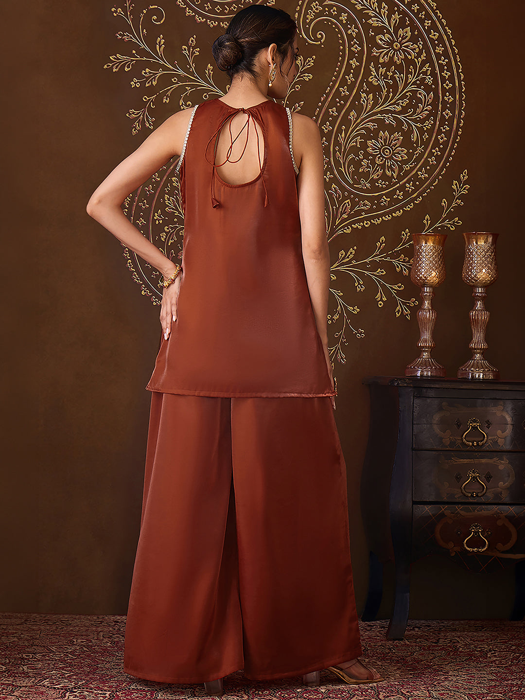 Janasya Women's Rust Silk Blend Zari Embroidered Straight Kurta Co-Ord Set