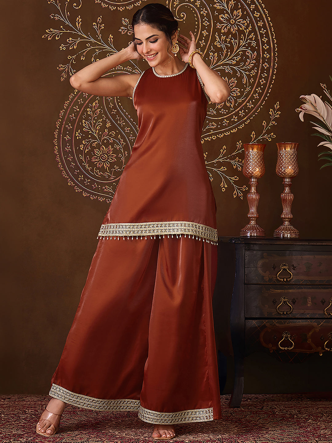 Janasya Women's Rust Silk Blend Zari Embroidered Straight Kurta Co-Ord Set