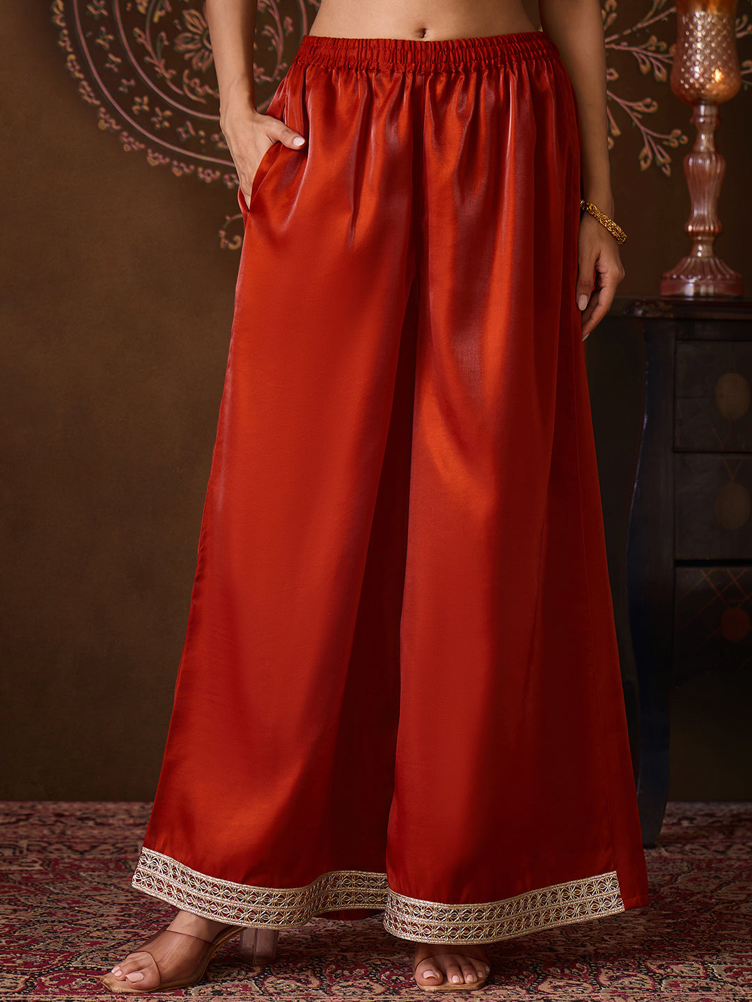 Janasya Women's Rust Silk Blend Zari Embroidered Straight Kurta Co-Ord Set