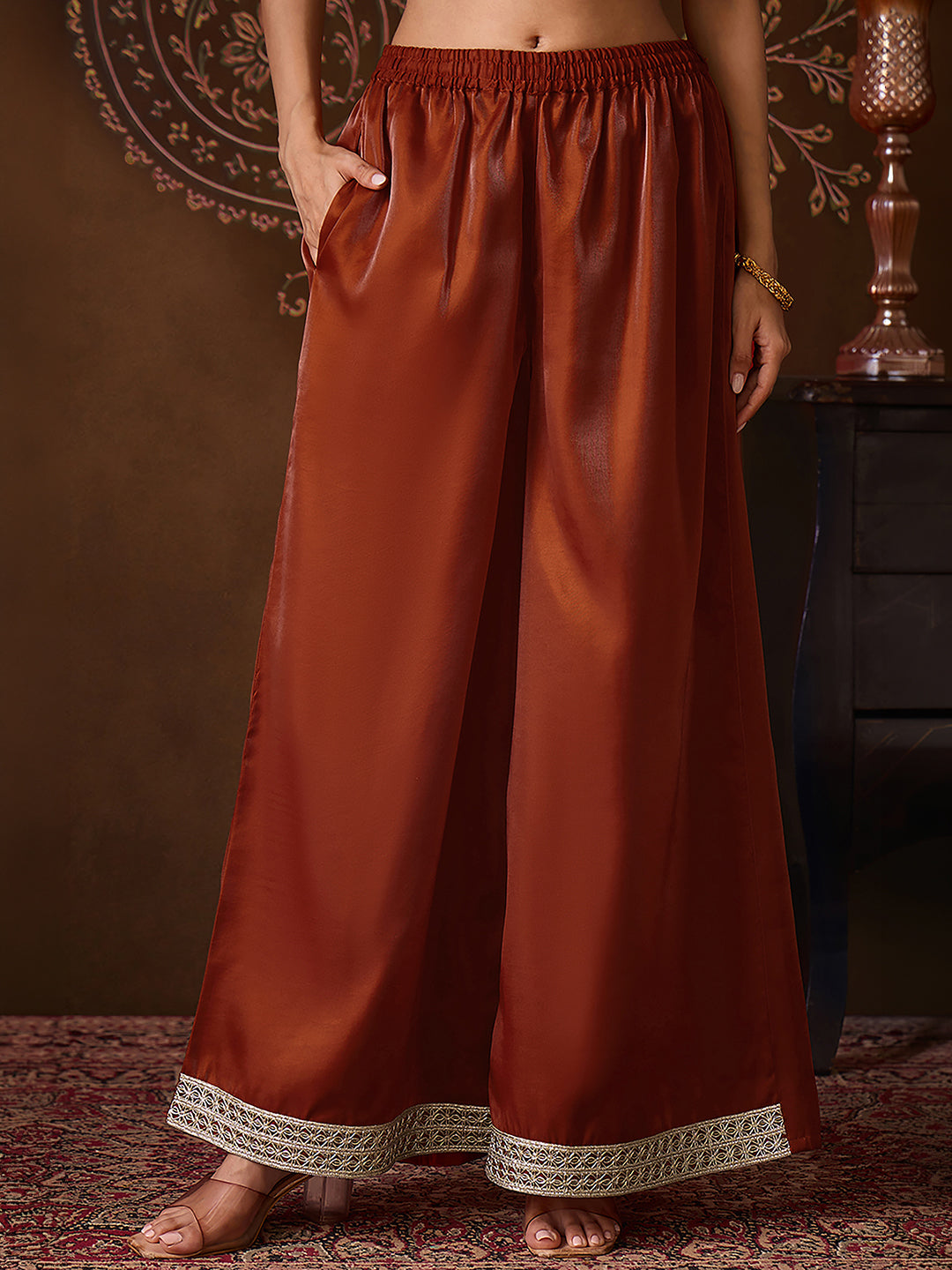 Janasya Women's Rust Silk Blend Zari Embroidered Straight Kurta Co-Ord Set
