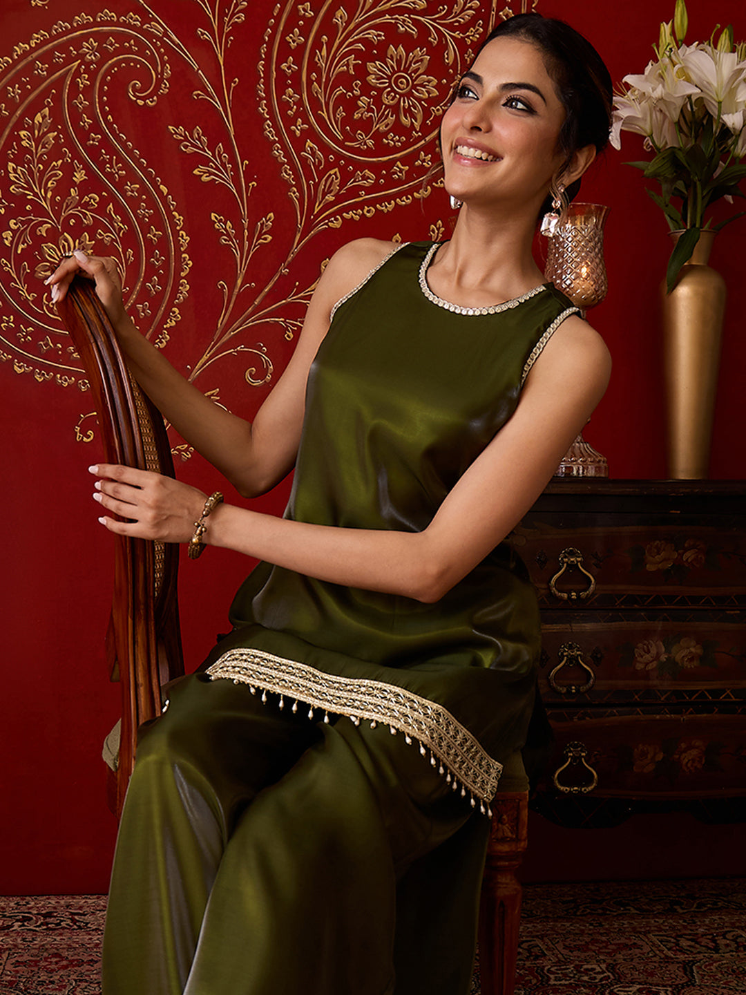 Janasya Women's Olive Green Silk Blend Embellished Straight Co-Ord Set