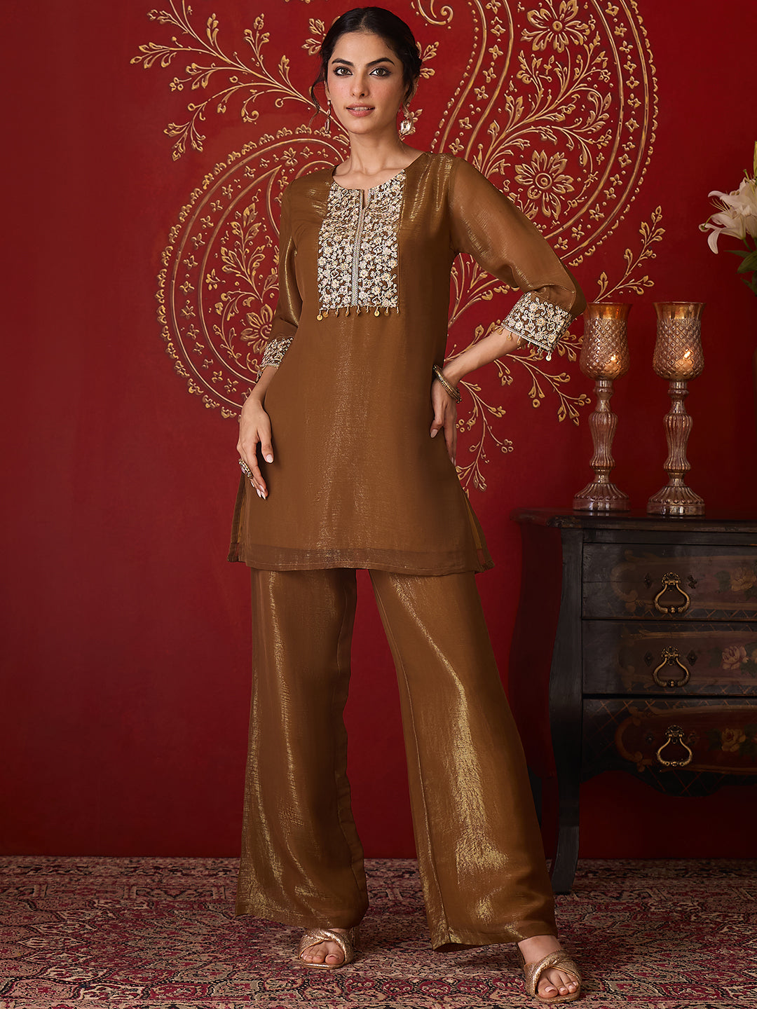 Janasya Women's Metallic Gold Tissue Silk Yoke Embroidered Straight Co-Ord Set